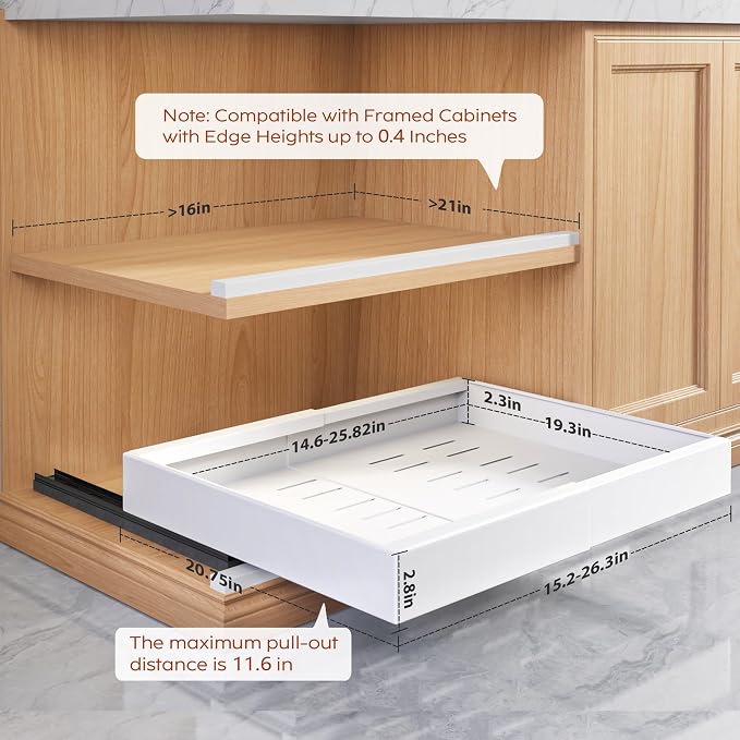 Seinloes 2 Pack Pull Out Cabinet Organizers 21" Deep With Raising Pad for Framed Cabinets, Expandable Width (15.2"-26.3") Slide Out Drawers Upgrade 3 Slide Rails, Roll Out Shelves Adhesive, White