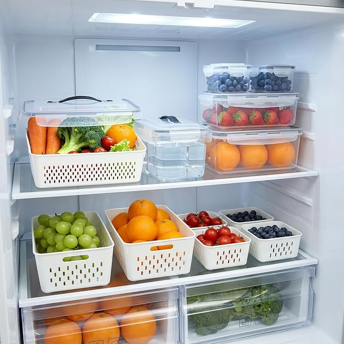 KUK 5 Pack Fruit Storage Containers for Fridge, Stackable Leakproof Food Keeper with Removable Colander, BPA-Free Produce Saver for Vegetables, Berries & Meat