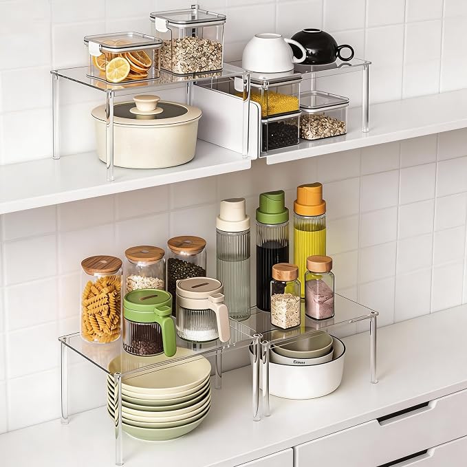 4 Pack Clear Acrylic Spice Rack, 5mm Thick Stackable Cabinet Shelf Riser, No Drill Wall Mounted Kitchen Organizer with Adjustable Feet, Multi-Purpose Storage for Pantry Countertop Bathroom Makeup