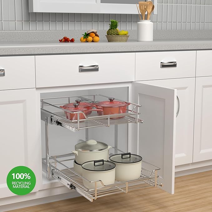 JOWBOOW 2-Tier Pull Out Cabinet Organizer (17" W x 22" D), Pull Out Shelves and Drawer for Kitchen Pantry Storage Basket, Heavy-Duty Metal Sliding Shelf, Chrome Finish