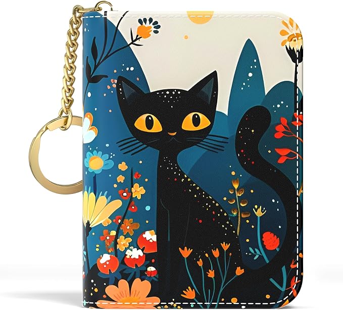 Aiawoxc Credit Card Holder, Small RFID Wallet Slim Leather Card Organizer Case with Zipper and Keychain, Pretty Cat