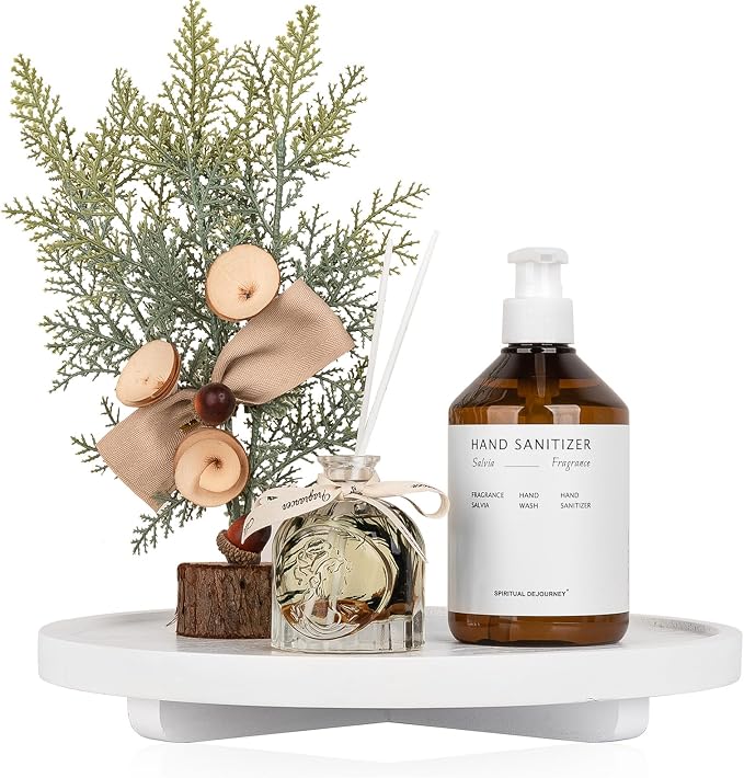 Round Decorative Tray Farmhouse Kitchen Decor Soap Dish, 11" White | Waterproof, Lightweight, Easy Clean, Wood Riser Pedestal Stand Accessories for Office Desk, Vanity, Counter, Sink