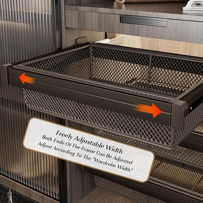 Expandable Cabinet Pull Out Basket,Aluminum Alloy Stackable Storage Bins,Height 6.69In Stackable Shelf Baskets Organizer,for Office Bathroom Bedroom,Brown-33.85-37.79in