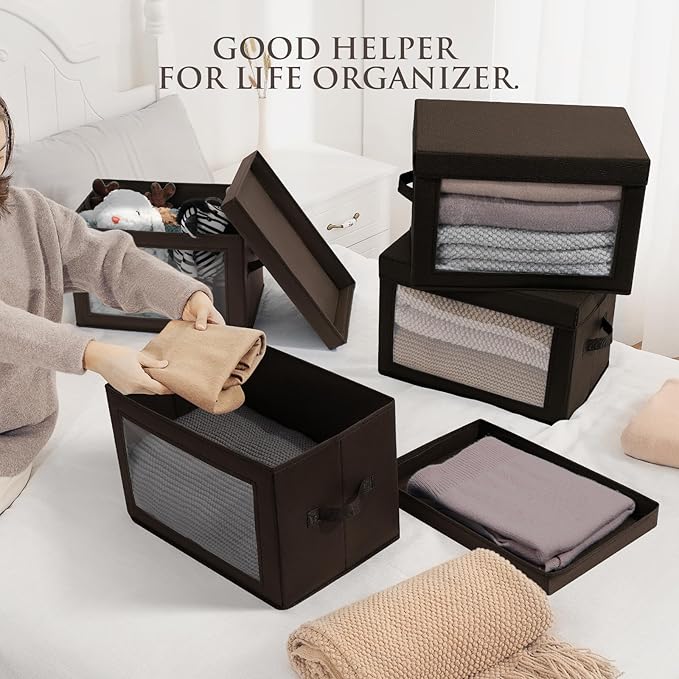 Homsorout Collapsible Storage Bins with Clear Window - Clothes Organizers and Storage, Decorative Boxes with Lid, Fabric Storage Cube, Storage Baskets for shelves, Yarn, Home, Brown, 4-Pack
