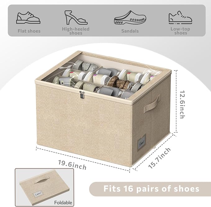 Shoe Organizer for Closet, 2 Pack Foldable Shoe Storage Box with Clear Cover and Adjustable Dividers, Stackable Storage Bins for Boots, Fits up to 32 Pairs (Beige, 19.7 × 15.7 × 12.6 in)
