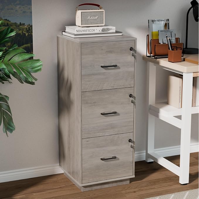 VINGLI 3 Drawer File Cabinet with Lock, Home Office Filing Organizer, for Letter Size File Folder Storage, Wood Tall Vertical Filing Cabinet, Printer Stand, Archivador (Rustic Gray)