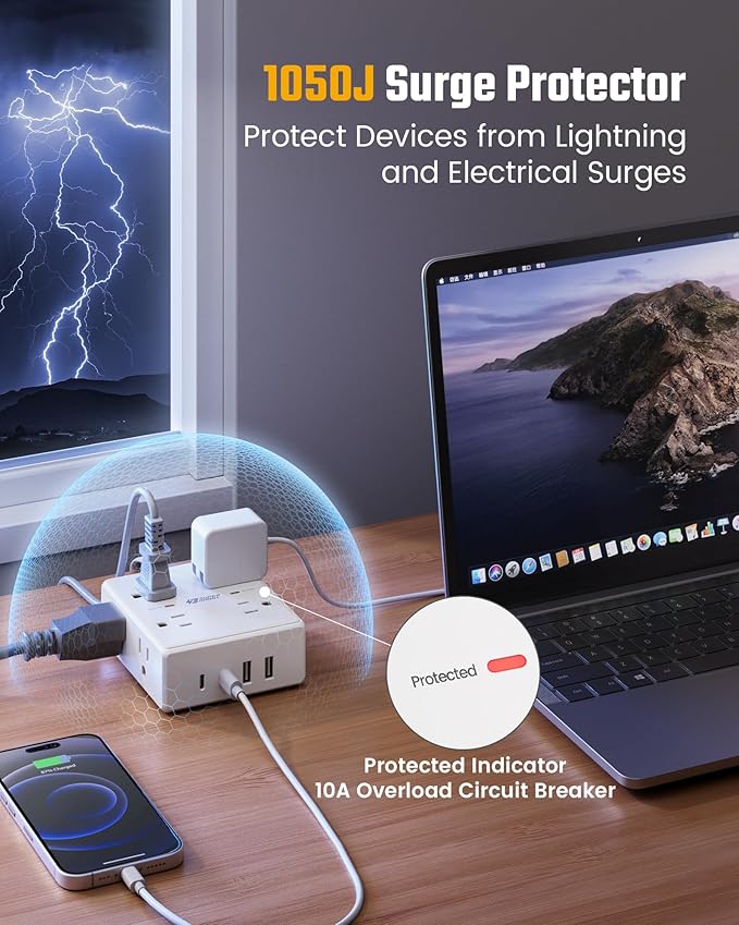 SUPERDANNY Extension Cord,Flat Plug Surge Protector Power Strip,20Ft | 8 AC & 4 USB Ports (2 USB C),Surge Protector with 1050J,Desk Charging Station for Home Office,College Dorm Room Essentials