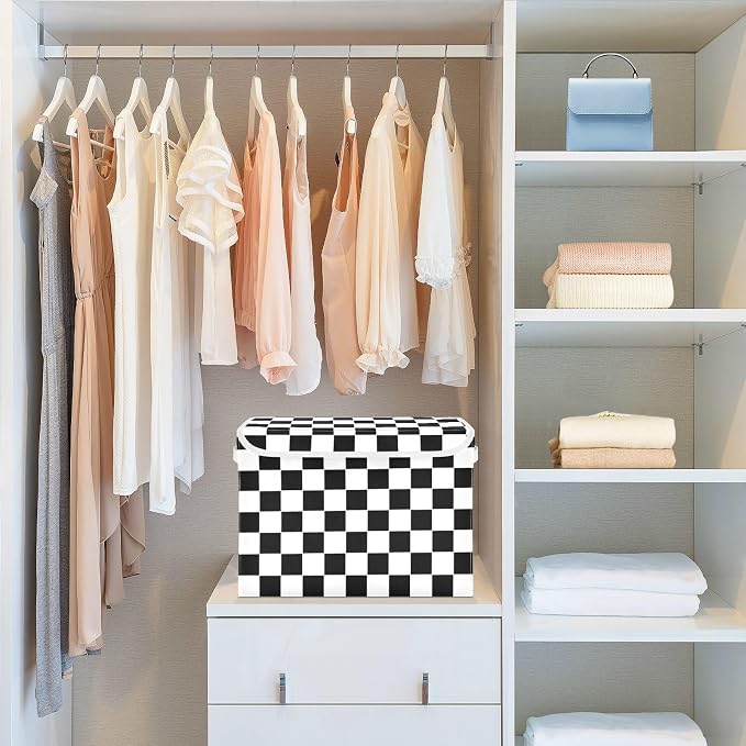 CaTaKu Large Fabric Storage Bins With Lids,Checkered Racing Flag Storage Boxes With Handles for Organizing Clothes, Collapsible Decorative Storage Cube Bins Baskets for Shelves