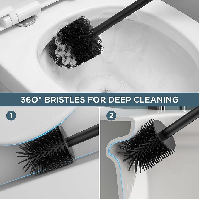 FORIOUS Toilet Brush and Holder Set, Heavy Duty 304 Stainless Steel Base Square and Long Handle for Bathroom Deep Cleaning, Drip-Proof, Space Saving for Storage, 2 Toilet Bowl Brush Head, Black