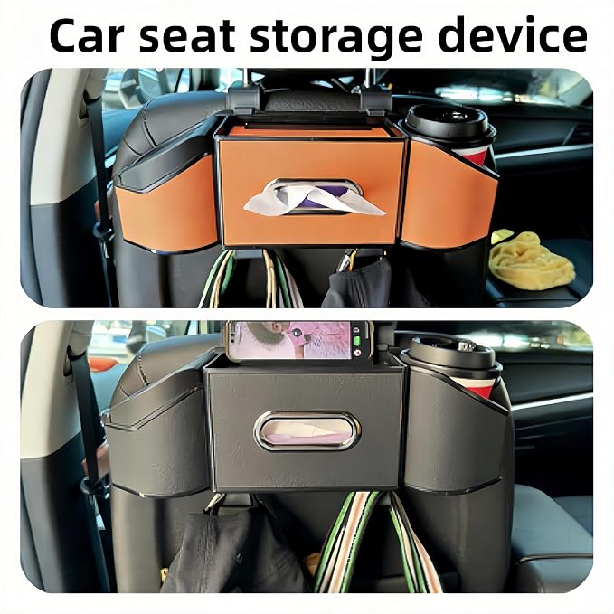 2026 Upgrade 4-in-1 Car Organizer Back Seat, Leather Multifunctional Car Organizer and Storage Box with Cup Holders for Hold Phone, Snacks, Drinks, Handbag, Keep Your Ride Clean & Organized (Orange)