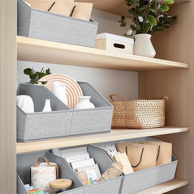 Homsorout Closet Organizers and Storage Bins - 4 Pack Collapsible Divided Trapezoidal Cube Storage Bins Baskets with Orange Handle for Organizing Clothes Blankets, Toys, Books, Towels(Ant Gray)