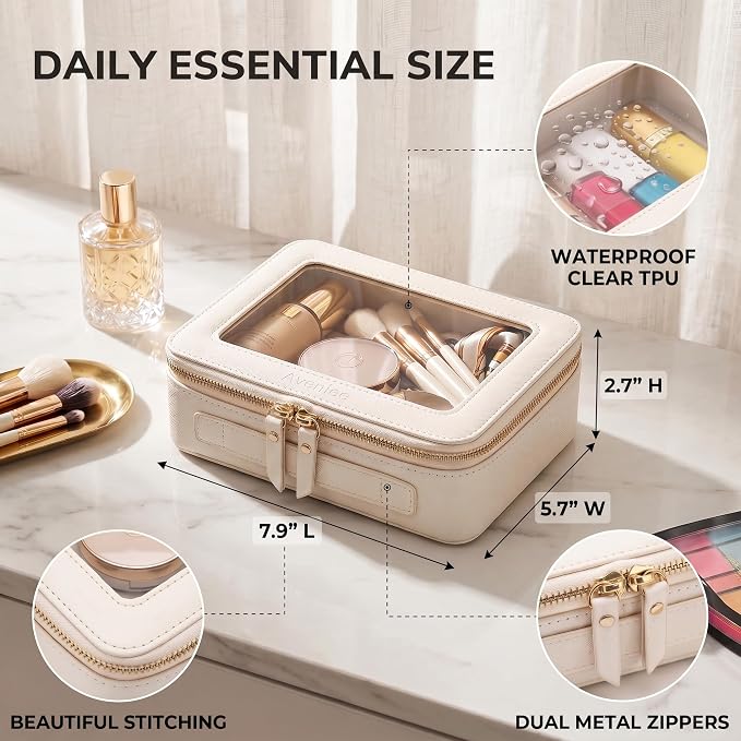 Aveniee Clear Makeup Bag Organizer, Travel Toiletry Bag Cosmetic Case for Women, Make Up Skincare Pouch Car Organizer Bag with Zippers for Essentials,White,Medium Classic