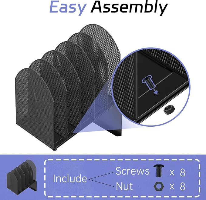 File Organizer for Desk, 5-Section Mesh Mail Holder, Black | Mesh file organizer for desk, mail organizer and folder holder for A4/letter papers, notebooks, binders and office supplies