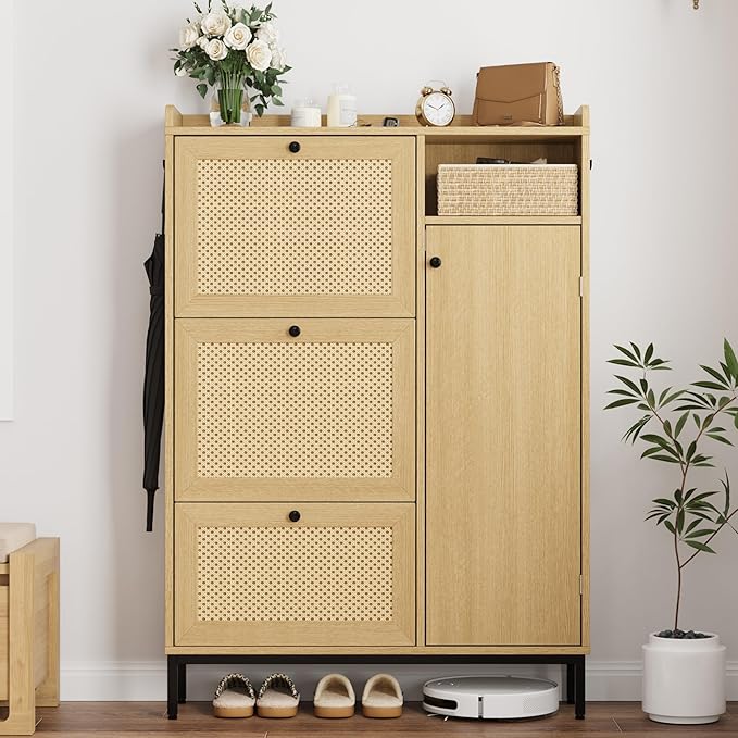 Garvee Shoe Cabinet with 3 Flip Drawers and 4-Tier Shoe Storage Cabinet, Freestanding Shoe Organizer with Adjustable Shelf and Rattan Doors for Entryway, Closet, Hallway