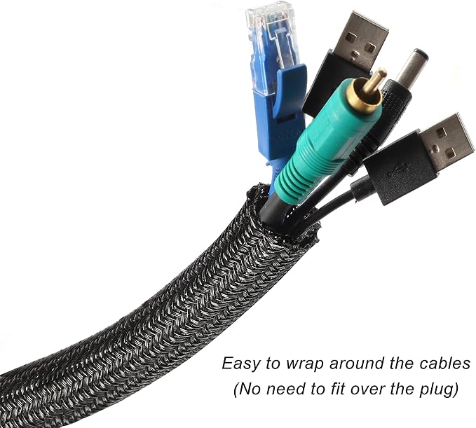 Cable Management Sleeve, Split Design, 10FT - 3/8 Inch, Black | Cord Protectors from Pets | Heat & Abrasion Resistant Wire Loom | Automotive Wiring & Home Office Cable Organization