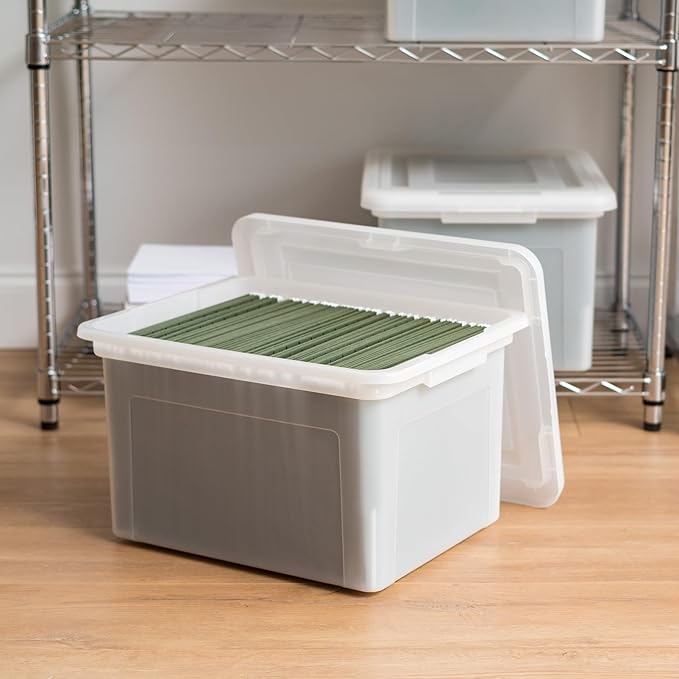 IRIS USA 4-Pack 35 Qt. Letter File Box with Lid, Pearl | Protect important documents, letter and legal files with secure storage for home offices, moving, and long-term organization