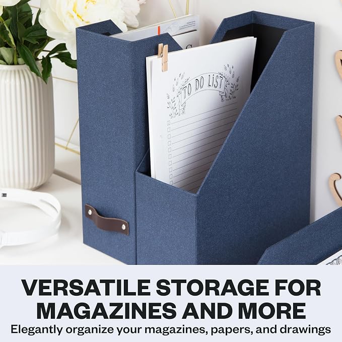 Bigso Box of Sweden Estelle Canvas Fiberboard Upright Magazine Holder and Organizer for Papers and Catalogs with Leather Handle - Magazine File Holder for Office Desks - 12.6in x 4.5in x 9.8in - Blue