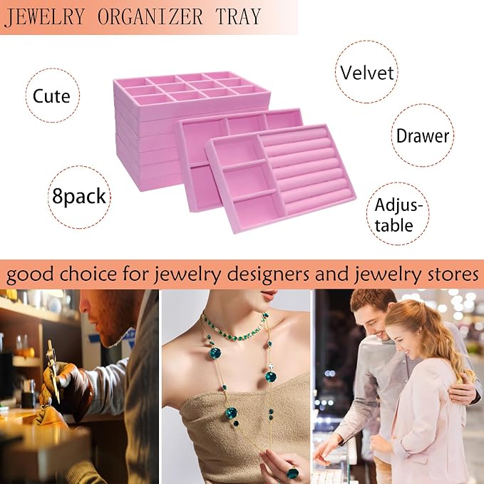 Jewelry Trays for Drawer Orgainzer Set of 8 Stackable Velvet Jewelry Organize Display Storage Box Earring Showcase Dresser Drawer Organizer for Earring Necklace Bracelet Ring