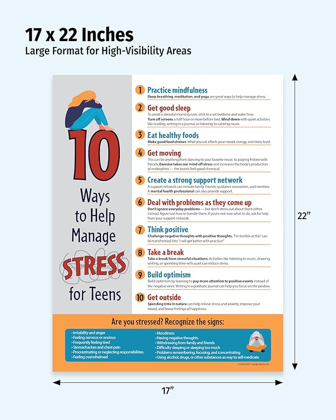 ZOCO – 10 Ways to Manage Stress – SEL & Mindfulness Poster for Teens (10-Pack) Laminated 17x22 – School Counselor & Therapy Office Decor