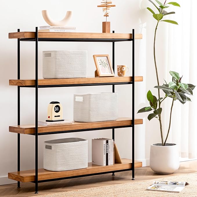 4 Pack Storage Baskets for Organizing, Shelf Baskets with Handles, White | 14.5"L x 9.8"W x 9"H, Woven Basket, Cotton Rope Basket, Toy Storage, Cube Shelf, Gift Baskets Empty, Home Decor