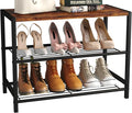 Yusong Shoe Rack Organizer, 3 Tier Industrial Shoe Storage Shelf for Closet Entryway, Narrow Sturdy Metal Shoe Shelves, Rustic Brown