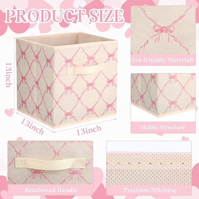 Geelin 6 Pcs Beige Bow Cube Storage Bins 13 Inch Storage Basket with Handle, Girls Organizer Basket, Collapsible Fabric Box for Classroom Bedrooms Office Home Decoration Gift