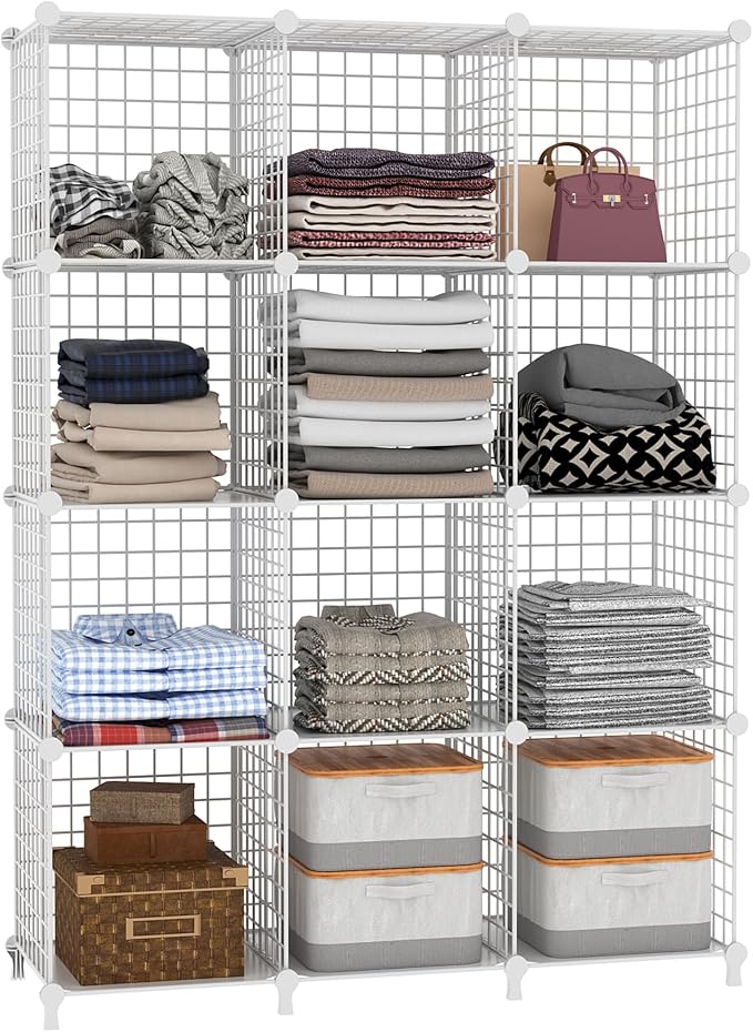 AWTATOS Wire Cube Storage, Closet Organizer, 12 Cube Storage Shelf, White | Metal Cube Storage Shelves Bookshelf, Portable Closet Clothes Organizer, Wire Shelving for Bedroom, Home, Office