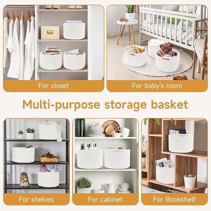 Small Rope Baskets for Storage, Baskets for Gifts Empty, Cute Round Woven Baskets, Decorative Shelf Basket 9.82×9.82×7.1", Cotton Toy Basket Storage Bins for Organizer 3 Packs White