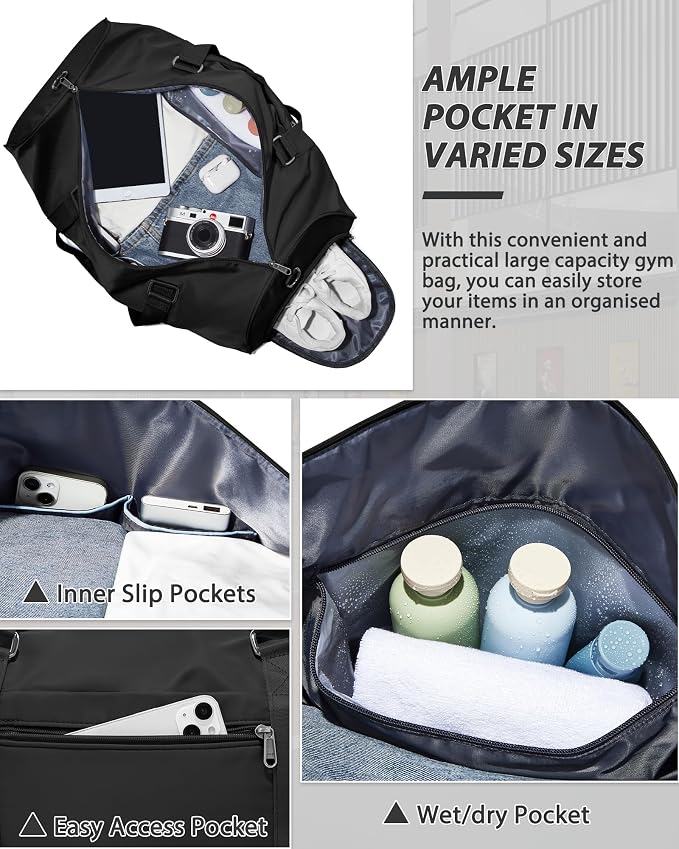 Travel Duffle Bag,Weekender Overnight Bags for Women with Shoes Compartment,Tote Gym Bag Personal Item Carry On Bag for Travel Business Trips Sport Hospital Dance Black