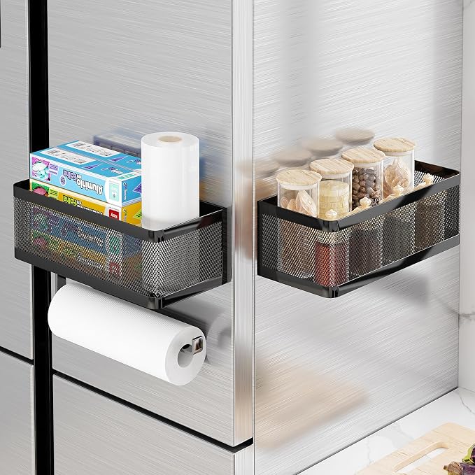 Magnetic Spice Rack for Refrigerator with Magnet Paper Towel Holder, Heavy-Duty Magnetic Shelf for Fridge, 2-in-1 Organization Shelf Sets for Kitchen, Washing Machine & Fridge Side, Black