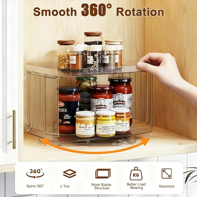 Lazy Susan Organizer for Cabinet, Pantry, Countertop (2 Tier 14" x 10" Clear - 2 Pack, Rectangular)