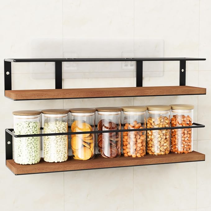 Spice Rack Self-Adhesive or drilling, Rustic Style Hanging Spice Rack, Spice Organization for Cabinet Door or Wall Mount, Over The Stove, Kitchen Wall, 2-Pack