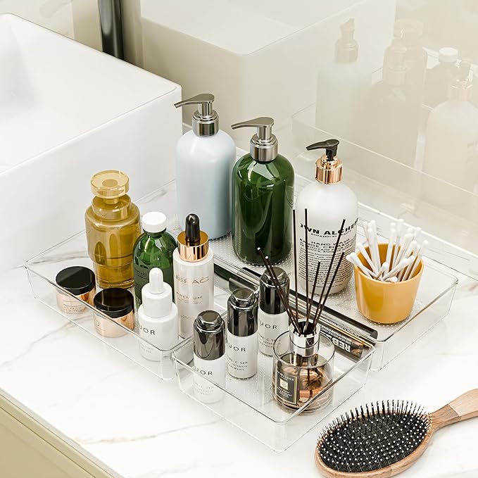 Clear Plastic Drawer Organizer Set for Kitchen, Bathroom, Office, Cosmetics & Tools - Multifunctional Storage Trays with Adjustable Dividers, Space-Saving Transparent Design (Clear, 12 Pcs)