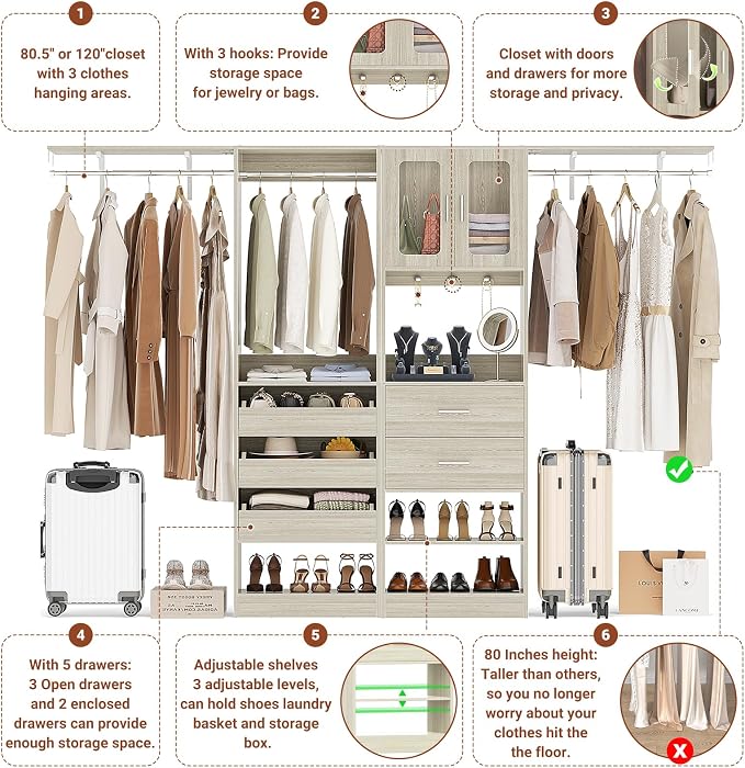6.7FT-10FT Closet System Set with Half-Open Drawers, 80.5''-120" Wooden Modular Wardrobe Set with Shelving Towers, 80'' Height Closet Organizer with Hanging Rods and 2 Big Wing Shelves, White Oak
