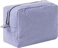 Large Capacity Striped Pencil Case Cosmetic Bag with Zipper Portable Stationery Organizer Pouch for School Students Teens Travel Toiletry Bag (Navy Blue)