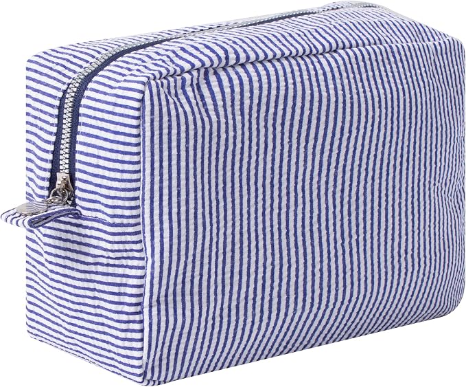 Large Capacity Striped Pencil Case Cosmetic Bag with Zipper Portable Stationery Organizer Pouch for School Students Teens Travel Toiletry Bag (Navy Blue)