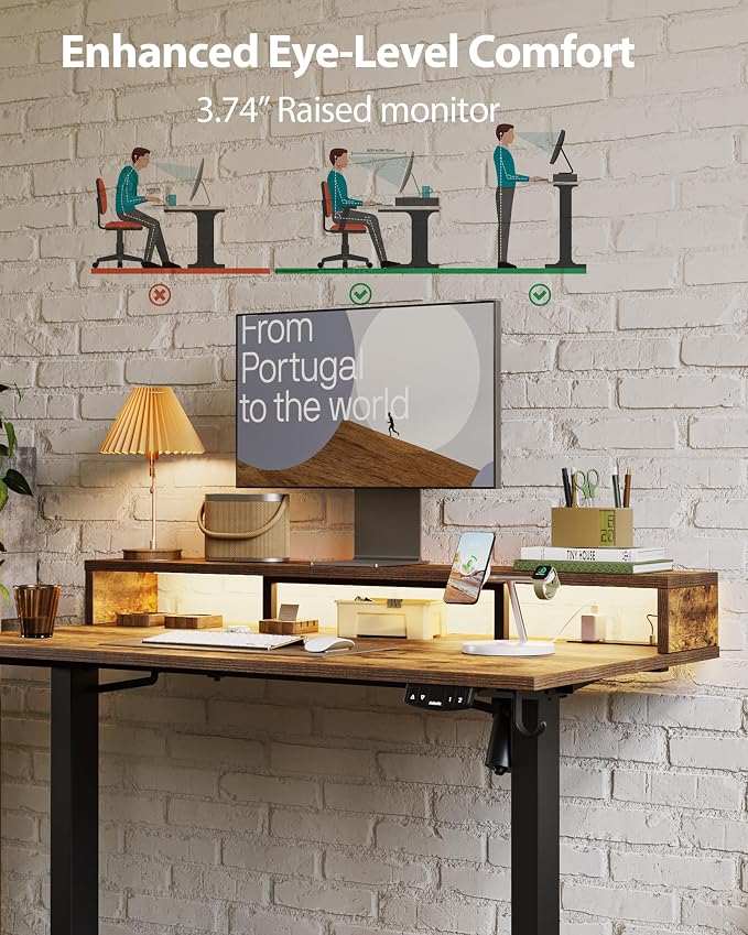 Agilestic 55 x 24 Inch Electric Standing Desk with Shelf, Height Adjustable Desk with Power Outlets & LED, Sit Stand Up Table with Monitor Stand, Computer Workstation, Rustic Brown