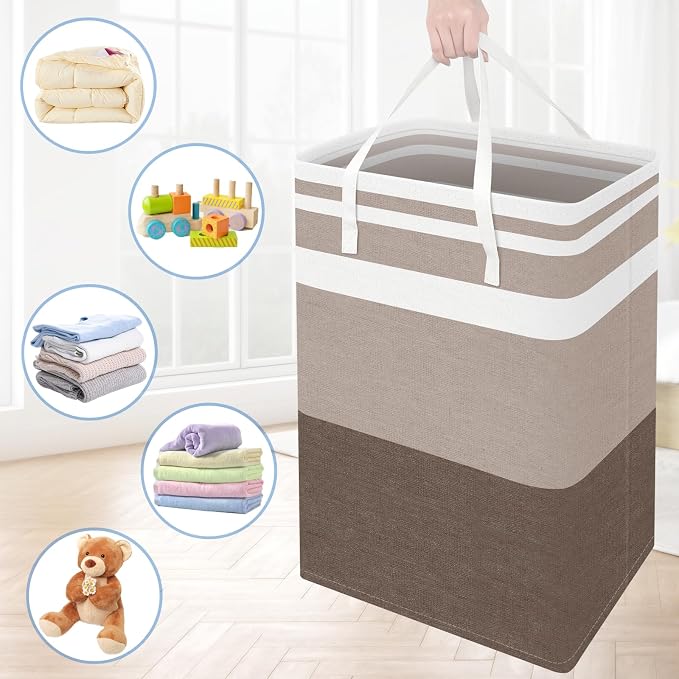 BlissTotes 3-Pack Laundry Basket, Freestanding＆Waterproof Laundry Hamper, Collapsible Tall Clothes Hamper with Easy Carry Handles for Clothes, Towels in the Family and Dorm,Gradient Khaki,75L