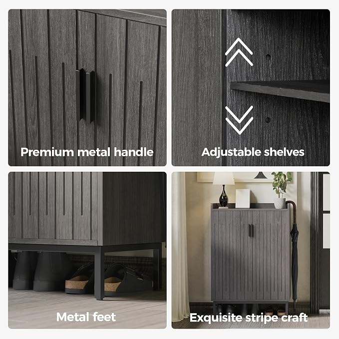 Mericonia Shoe Cabinet with Metal Legs, Farmhouse Large 5-Tier Shoe Storage Cabinet with Doors, Wooden Shoe Organizer for Entryway, Hallway (2 Door Shoe Cabinet, Black Oak-Modern)