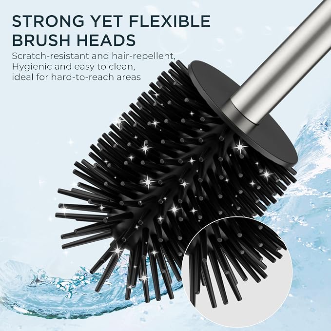 FORIOUS Toilet Brush, 2 Toilet Bowl Brush Head Square Short Brushed Nickel | Heavy Duty 304 Stainless Steel Base, Silicone and Plastic Brush Heads, 360° Deep Cleaning, Drip-Proof, Splash-Proof Design
