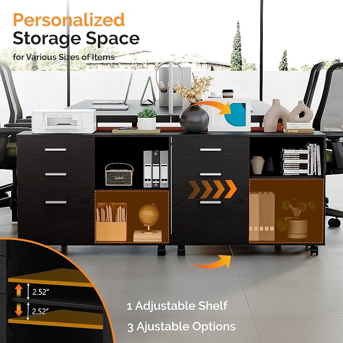 VINGLI 3 Drawer Wood Lateral File Cabinet with Adjustable Shelves & Locking Wheels, Printer Stand with Drawers for Letter Size Files, Sturdy Black File Cabinets for Home Office, Study & Business