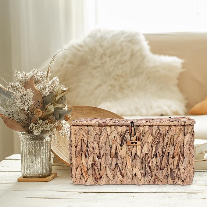 Sumnacon Storage Basket with Lid, Water Hyacinth Shelf Baskets for Organizing, Farmhouse Bathroom Woven Bins for Tampons and Pads, Toilet Paper, Towels,Decorative Organizer Box for Counter, Vanity (M)