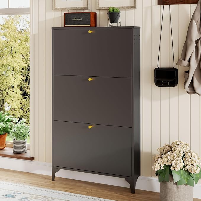 Shoe Cabinet with 3 Flip Drawers-Metal Narrow Shoe Rack for Entryway,Hallway,Living Room-Hidden Metal Shoe Cabinet-Freestanding Shoe (3 Door, Black)