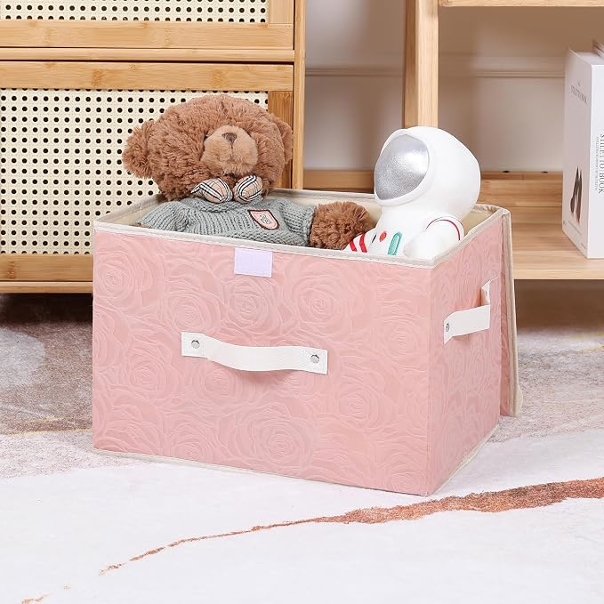 Lucky Monet Cute Storage Bin Boxes with Lids Washable Decorative Storage Boxes Pink Lidded Storage Baskets Collapsible Fabric Box Cubes with PU Leather Handles for Shelf Closet, 1 Pack Pink, Large
