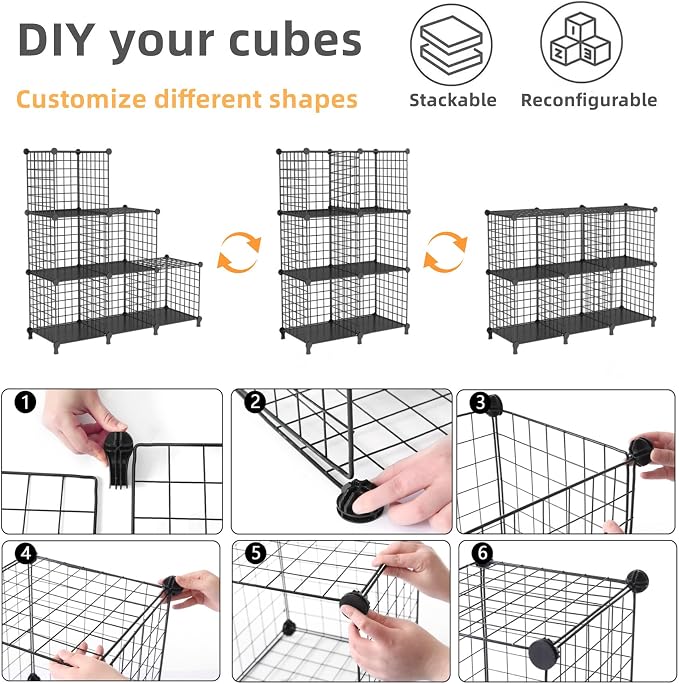 AWTATOS Wire Cube Storage, Closet Organizer, 6 Cube Storage Shelf, Black | Metal Cube Storage Shelves Bookshelf, Portable Closet Clothes Organizer, Wire Shelving for Bedroom, Home, Office