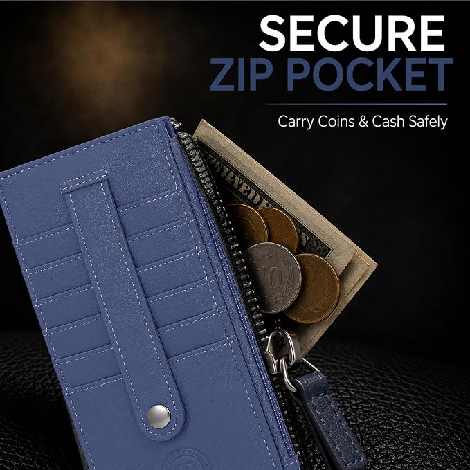 Leatherboss Genuine Leather Women's All in One Credit Business Card Case Holder Slim Zipper Wallet With a Card Protection Strap, Royal Blue