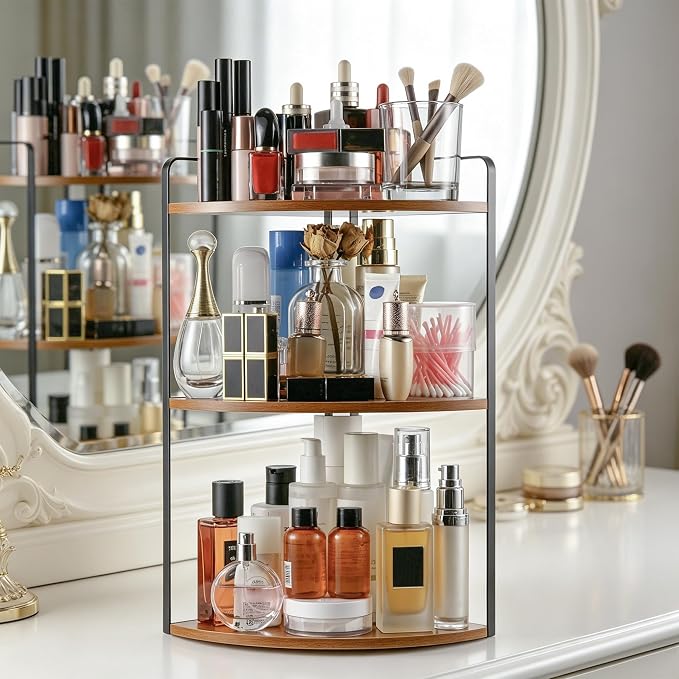3 Tier Corner Bathroom Counter Organizer, Countertop Organizer, Makeup Organizer Countertop, Bathroom Storage Sink Shelf, Wooden and Metal Counter Shelf (Light Brown)