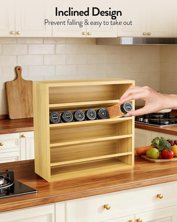 Orimade 4 Tier Spice Rack Organizer for Cabinet, Freestanding Bamboo Seasoning Rack for Countertop, Cupboard, Pantry, Kitchen, 13.18 x 4.13 x 12.2 inches(Spice Jars Not Included)