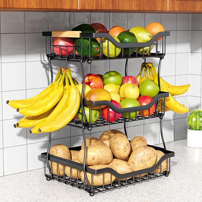 OKZEST 3-Tier Fruit Basket Fits Under Standard Upper Cabinet, 17.2" Tall | 2-In-1 Wall Mount & Countertop. Stackable Kitchen Organizer with Banana Hanger, Hold Potato, Onion, Bread, Snack, Can, Veggie