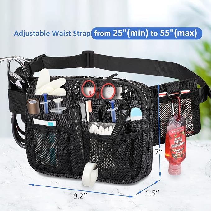 SITHON Nurse Fanny Pack with Tape Holder, Multi Compartment Medical Gear Pocket Nursing Organizer Belt Bag, Apron Hip Bag Utility Waist Pack for Stethoscopes Bandage Scissors Medical Supplies (Black)